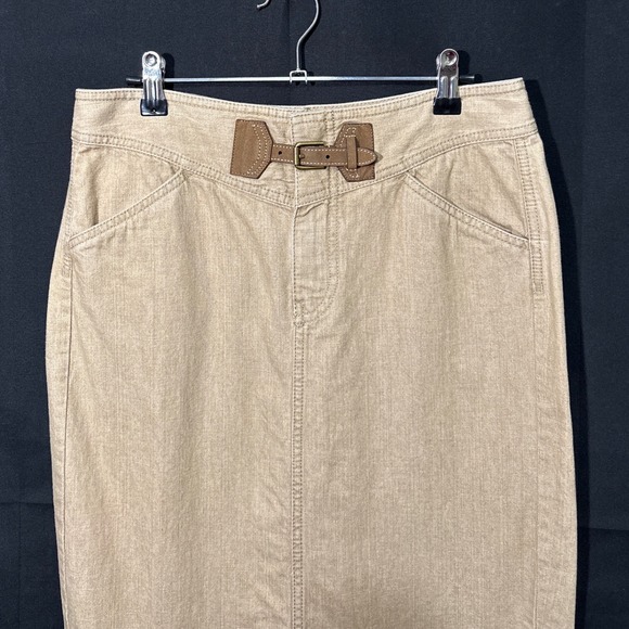 Lauren Jeans Co Ralph Lauren Tan Khaki Denim Pencil Skirt 4 Buckle Heritage Work - Picture 7 of 11